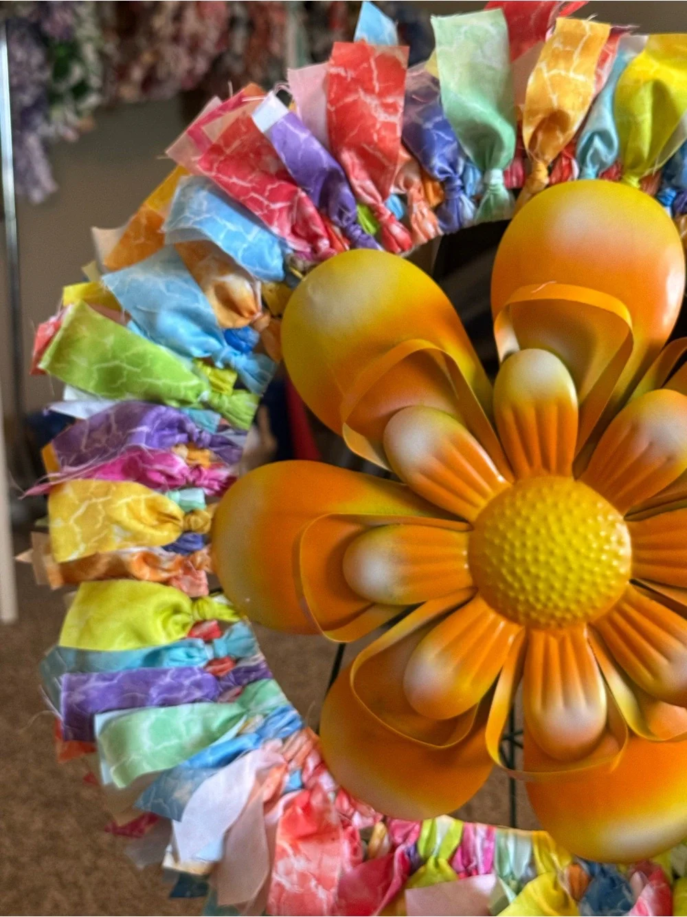 Colorful cloth Wreath with Orange Metal Flower Center - Home Party Decor